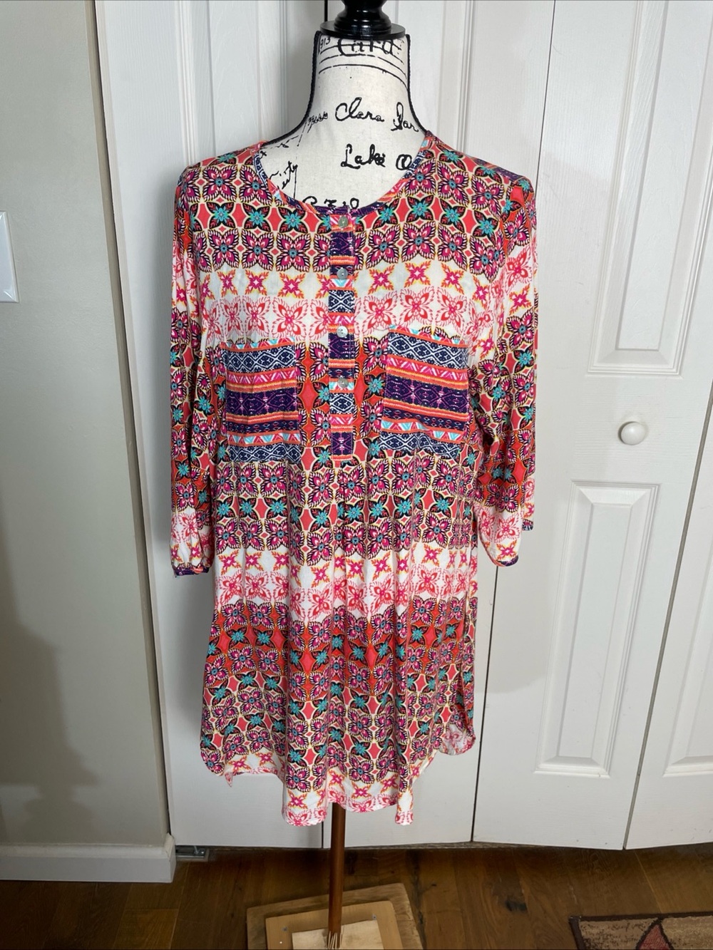 Fig And Flower Womens Tunic 3/4 Sleeve Hi Low Hem 1/4 Button Boho Cottagecore Lg